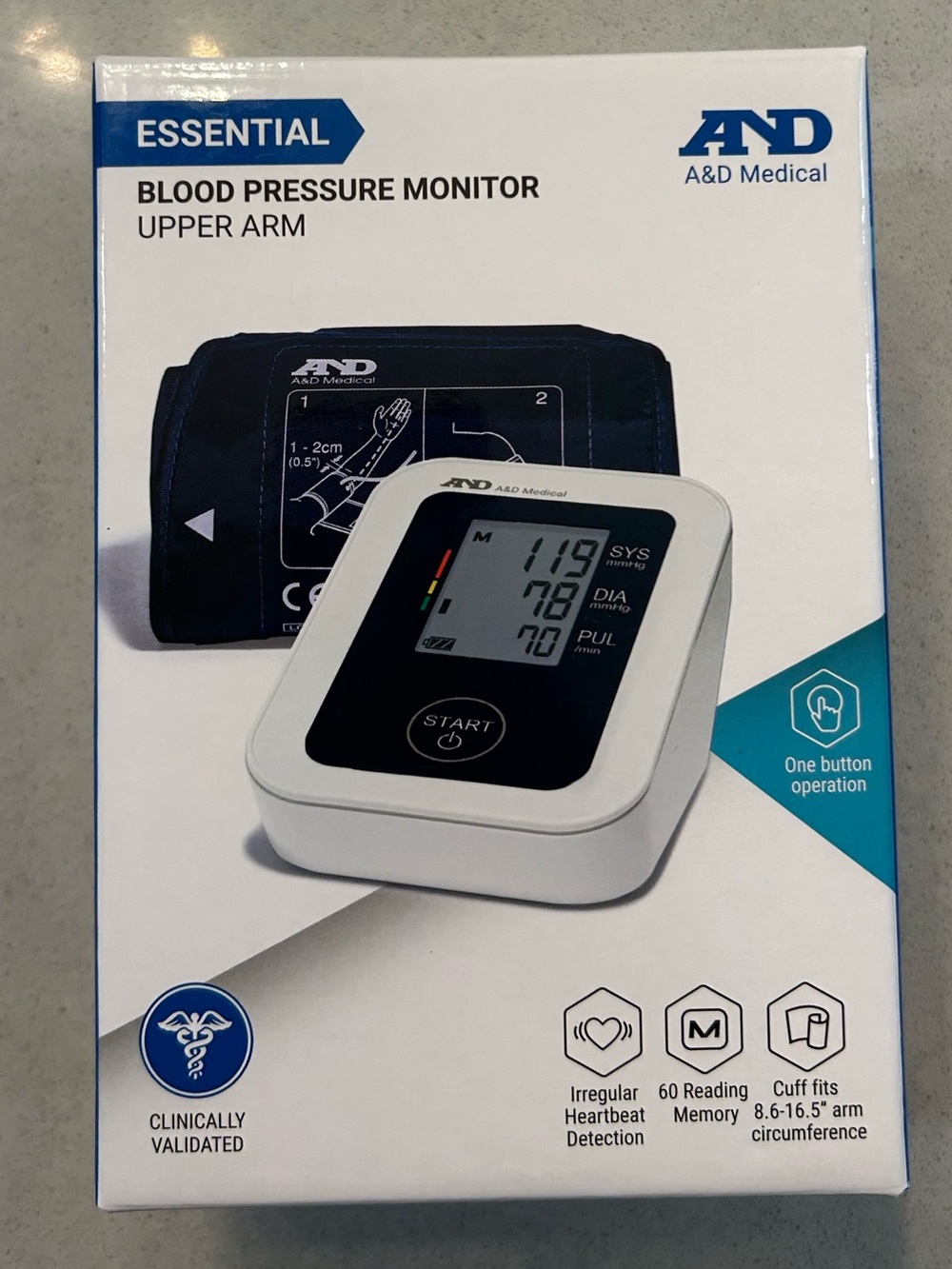 A&D Medical Essential Upper Arm Blood Pressure Monitor - White/Black